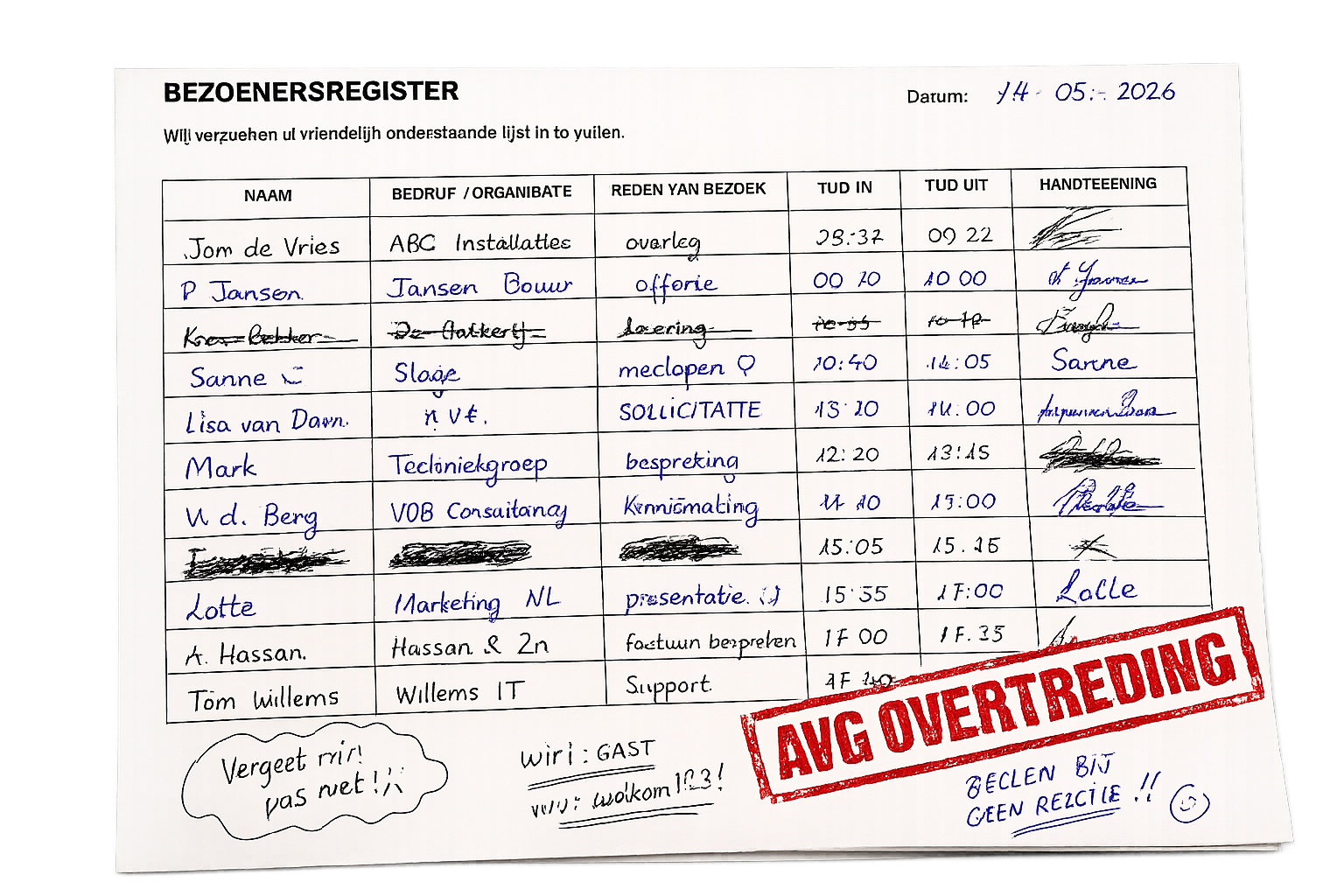 Papieren bezoekersregister met zichtbare namen